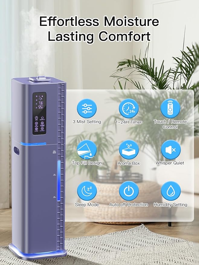 10L/2.64Gal Humidifiers for Bedroom, Top Fill Quiet Ultrasonic Cool Mist Humidifier Large Room, Covers 550ft², 60H Runtime, 24H Timer, 3 Mist Modes Humidifiers for Home, Office, Plants, Purple - Image 4