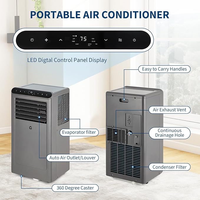 10,000 BTU Portable Air Conditioner with LED Display, 3-in-1 Portable AC Unit with Dehumidifier & Fan for Rooms Up to 450 Sq.Ft, Remote Control, 24h Timer, Easy Install for Bedroom & Home Office - Image 4