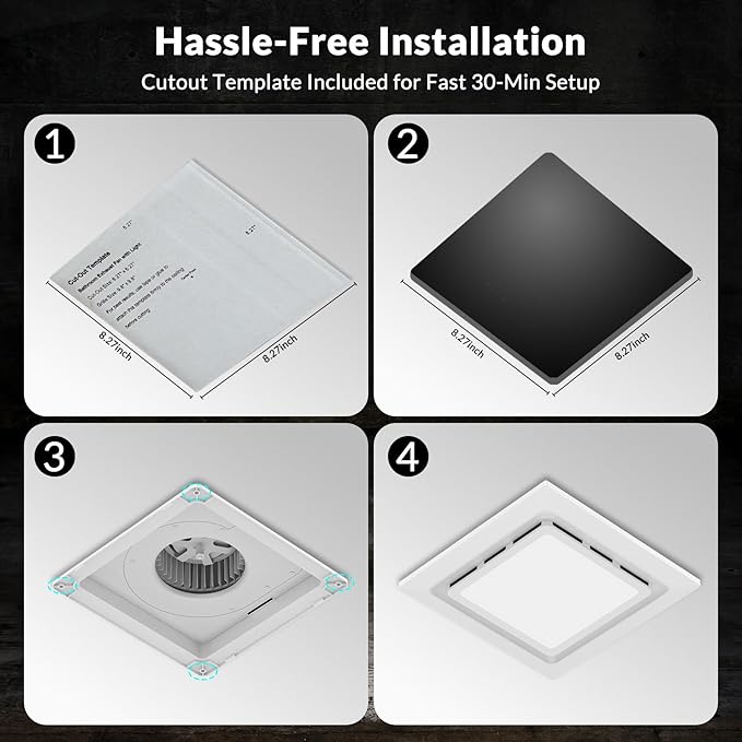 TEPU Bathroom Exhaust Fan with Light 110 CFM, 9.8In Grille, Cutout Size 8.27" x 8.27", Duct 4 Inch, 1.0 Sone Quiet Bath Ceiling Vent Fan Combo with 6500K 1200LM LED Light, for Bathroom, Laundry - Image 5