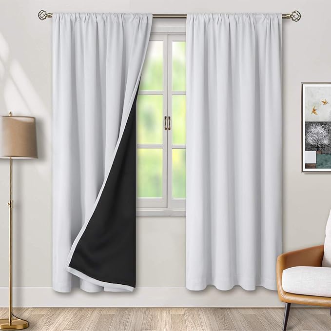 BGment Thermal Insulated 100% Blackout Curtains for Bedroom with Black Liner, Double Layer Full Room Darkening Noise Reducing Rod Pocket Curtain (52 x 72 Inch, Greyish White, 2 Panels) by BGment