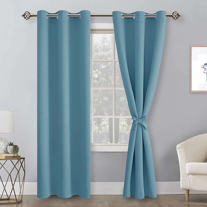 Hiasan Grommet Blackout Curtains for Bedroom, 42 x 84 Inches Long - Thermal Insulated & Light Blocking Window Curtains for Living Room, 2 Drape Panels Sewn with Tiebacks, Stone Blue - Image 2