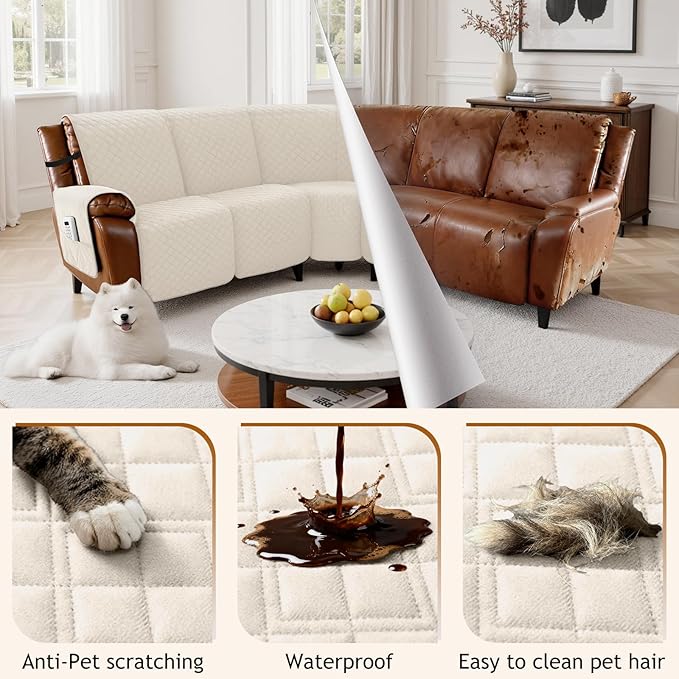 Arfntevss Waterproof Recliner Sectional Couch Covers for Reclining Sectional L Shape Sofa Cover Non Slip Washable Recliner L Shaped Slipcover Sets for Dog Furniture Protector (5 Seater, Light Beige) - Image 6