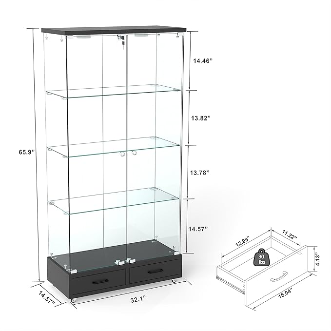 Yoluckea 4 Tier Glass Display Cabinet with LED Lighting and 2 Drawers, 2 Doors Floor Standing Curio Cabinet with Wheel for Home, Office, Corner Display, Black Glass Bookshelf for Collections and Decor - Image 2