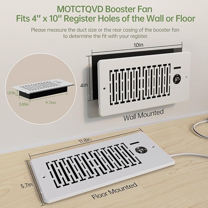 Register Booster Fan Fits 4” x 10” Register Holes, Smart Control Heating Cooling AC Vent Fan, 10-Speed Quiet Register Vent Booster Fans with Thermostat Control & Remote Control - Image 4