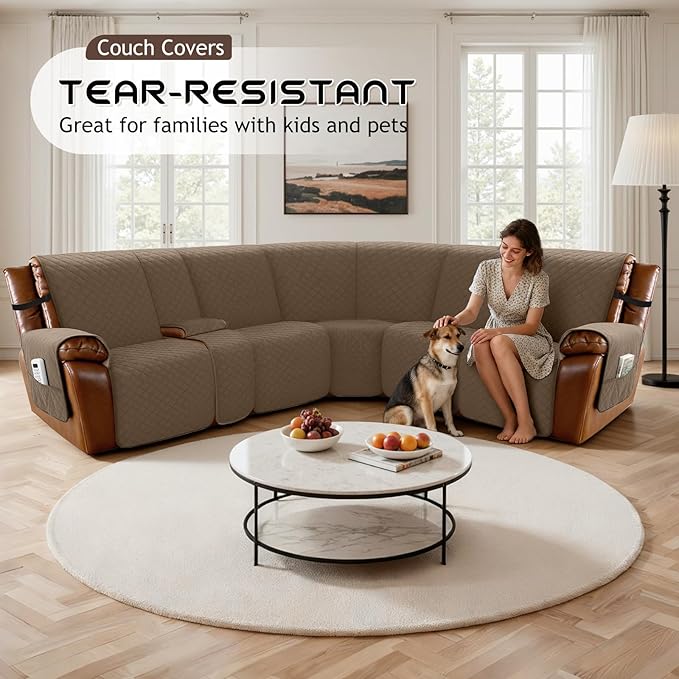 Arfntevss Waterproof Recliner Sectional Couch Covers for Reclining L Shape Sofa Cover Non Slip Washable L Shaped Slipcover for Dog Furniture Protector (5 Seat with 1 Console Cover, Camel Brown) - Image 7