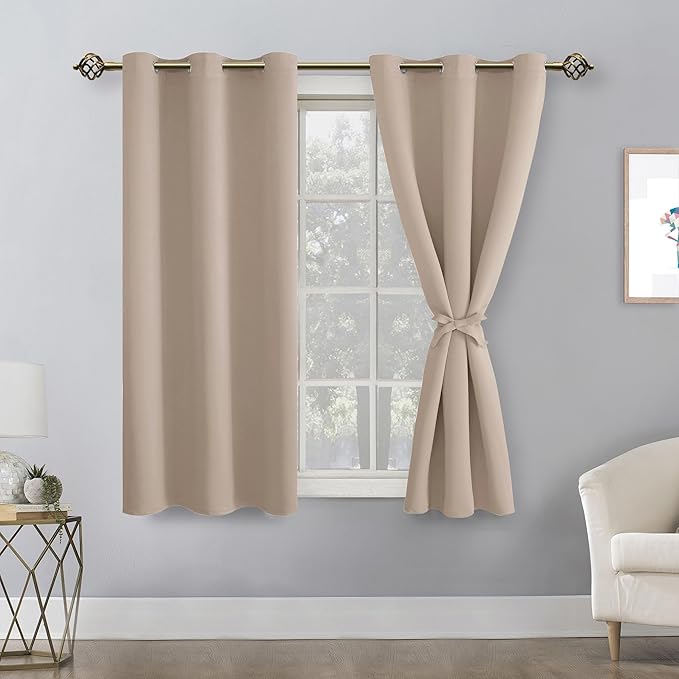 Hiasan Blackout Curtains for Bedroom - Thermal Insulated & Light Blocking Window Curtains for Living Room/Kids Room, 2 Drape Panels Sewn with Tiebacks, Camel, 42 x 45 Inch - Image 2