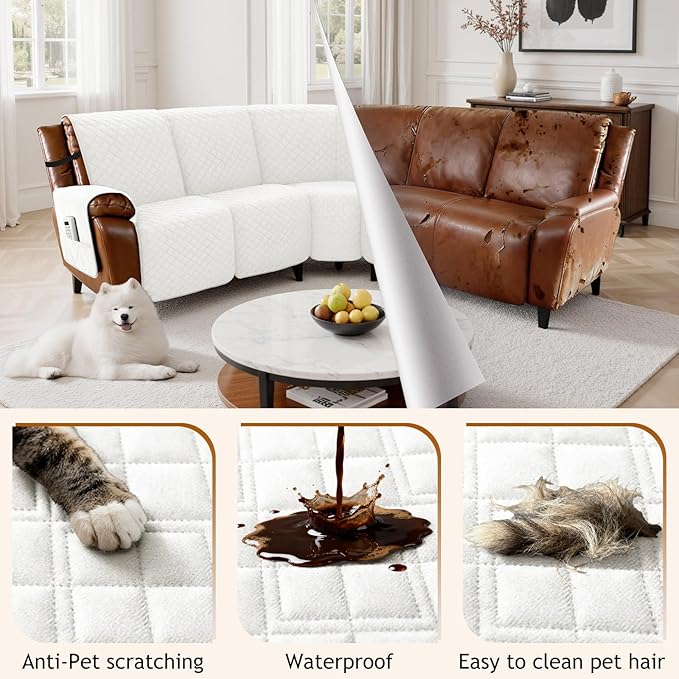 Arfntevss Waterproof Recliner Sectional Couch Covers for Reclining Sectional L Shape Sofa Cover Non Slip Washable Recliner L Shaped Slipcover Sets for Dog Furniture Protector (5 Seater, Cream White) - Image 6