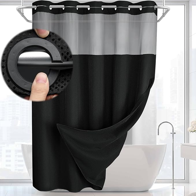 No Hook Shower Curtain and Liner Set,Black Hotel Waffle Shower Curtain with Liner 75" L x 78" W by Unknown