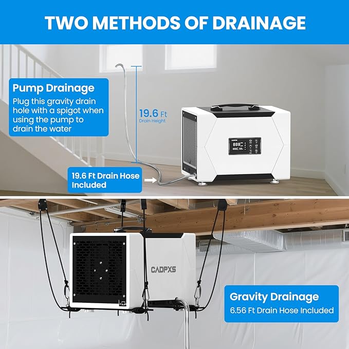 CADPXS Crawl Space Dehumidifier with Pump and Drain Hose, 80 Pint Crawlspace Dehumidifier for Commercial, Basement, Water Damage Use, Auto Defrost, Memory Start, cETL Certified, Up to 1000 Sq Ft - Image 4