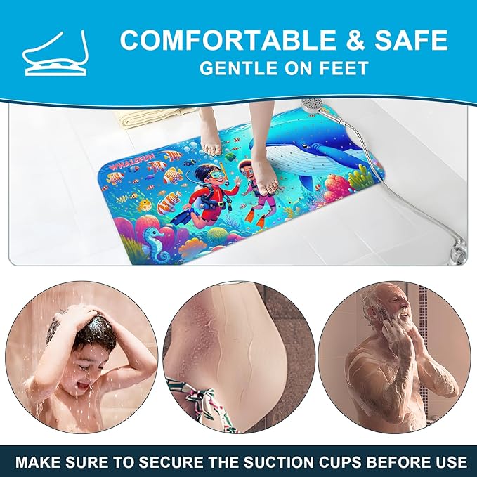 XIYUNTE Baby Bath Mat for Tub Non Slip Kids Bath Mat - 40''x16'' Extra Long Cartoon Whale Baby Bath Tub Mat Eco-Friendly Toddler Bath Mats with Suction Cups & Drain Holes Easy to Clean & Easy Drying - Image 5