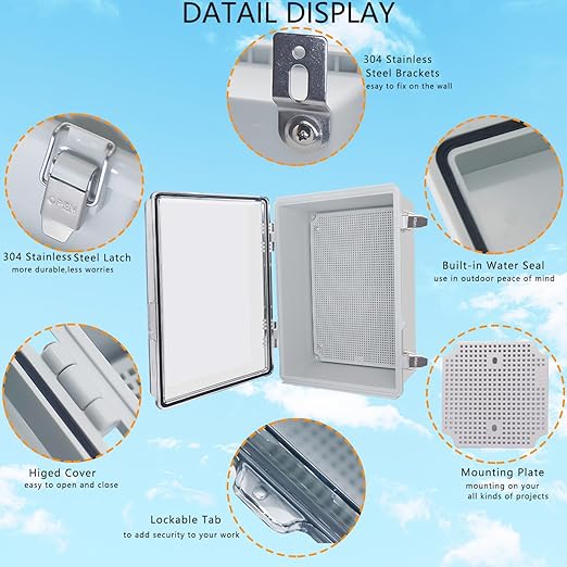 Outdoor Waterproof Box,IP67 ABS Junction Box Electrical Enclosure with Stainless Steel Latch, Hinged Cover Electric Box with Wall Brackets 13.8" Dx9.8 Wx5.9 H - Image 3