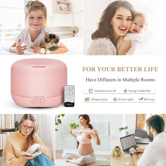 Aromatherapy Essential Oil Diffuser for Room: 500ml Colorful Aroma Air Humidifier with Adjustable Cool Mist Mode, Waterless Auto Off Ultrasonic Diffusers for Large Room Home Office(Pink) - Image 2