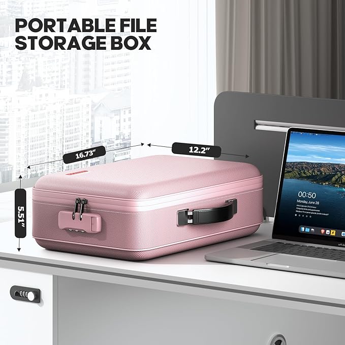 Fireproof Document Box, Hard Case Highly Flame-Resistant Fire Proof Waterproof File Organizer with Lock, Portable Fire Safe for Important Documents & Valuables Storage (Pink, ‎16"*12"*5") - Image 6