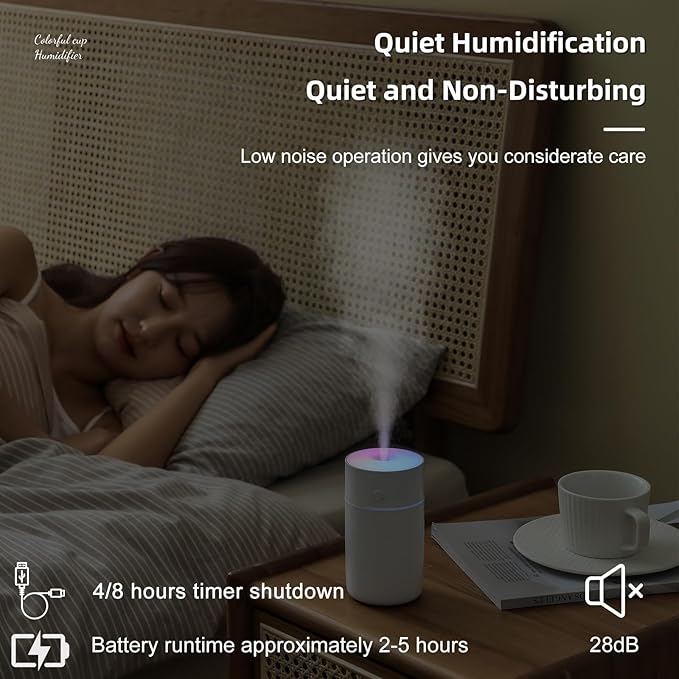 HODEMI Portable Mini Humidifier - Recharge Small Personal Desk Cold Mist Air Humidifier with Adjustable Colorful Atmosphere Light and 4/8 H Timer Sprays Modes for Car, Bedroom & Office (White) - Image 6