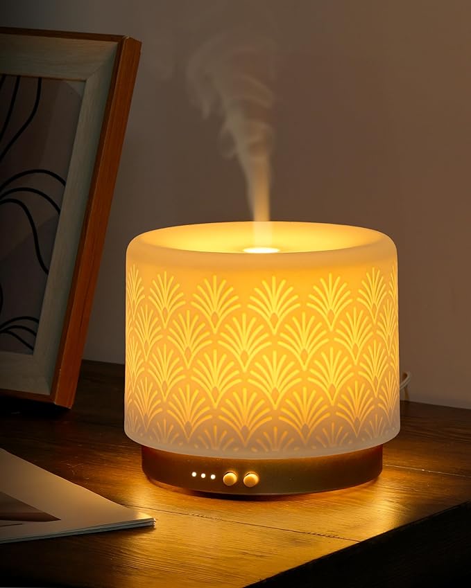 Ceramic Essential Oil Diffuser 280ml- Aromatherapy Diffuser with Ultrasonic Cool Mist Humidifier, Night Light, Timer, Auto Shut-Off, Large Room Aroma Diffuser for Home, Bedroom, Office, Yoga by ONABOVIVA