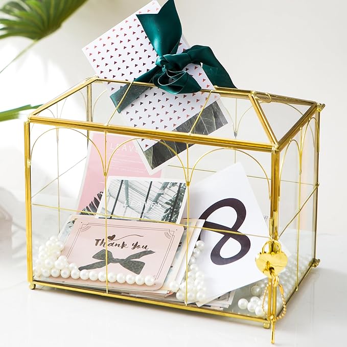 Glass Wedding Card Box with Slot, 10.2'' Large Clear Card Box Gold Brass Gift Card Storage Box with Lock Perfect for Wedding Receptions, Baby Shower, Birthday Party, Bridal Shower - Image 2