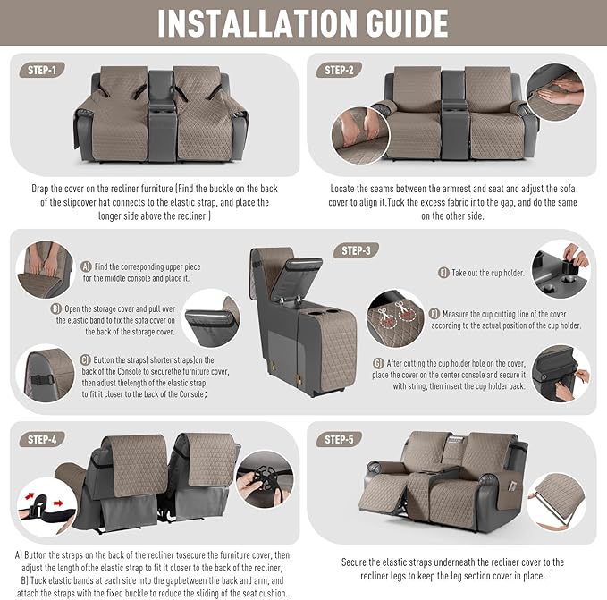 TAOCOCO 100% Waterproof Loveseat Recliner Couch Sofa Covers with Console,Double Reclining Couch Cover Non-Slip Sofa Slipcovers Washable,Furniture Protector Covers for Kids,Pets(2 Seater,Taupe) - Image 7