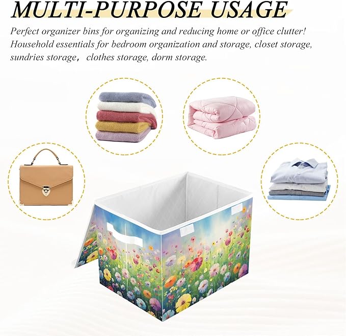 xigua Colorful Flowers Storage Bins with Lids and Carrying Handle,Foldable Storage Boxes Organizer Containers Baskets Cube with Cover for Home Bedroom Closet Office - Image 7