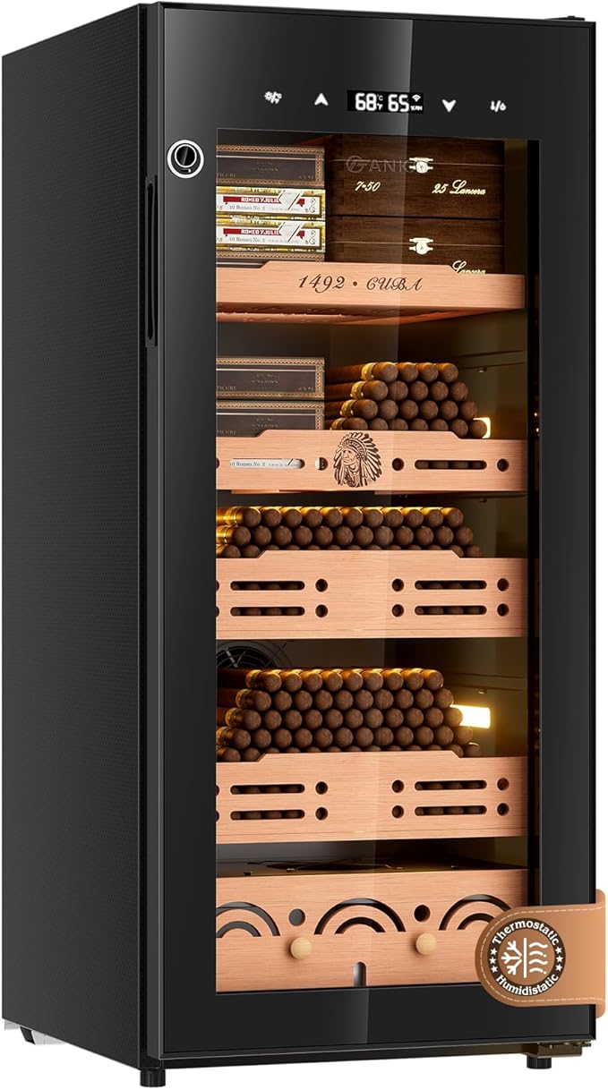Electric Cigar Humidor, 105L Cabinet up to 900 Cigars with Thermostatic & Humidistatic Control, 4 Cedar Wood Trays, LED Screen Fingerprint Safety Lock for Lounge/Home Use Cooling Fridge by FANKAI