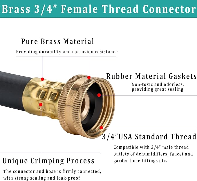 12FT Dehumidifier Drain Hose with 3/4” FHT Brass Rustproof Connector, Versatile Drain Hose Perfectly Compatible with most Dehumidifiers and 3/4” external thread outlet (Black, 12FT) - Image 2