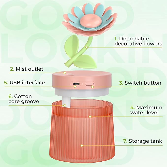 Cute Flower Mini Humidifier, 260ml Sunflower Portable Small Humidifier, Desktop Humidifiers Cool Mist Humidification for Home, Bedroom, Baby Nursery, Office & Indoor Plants, USB Powered (Pink) - Image 6