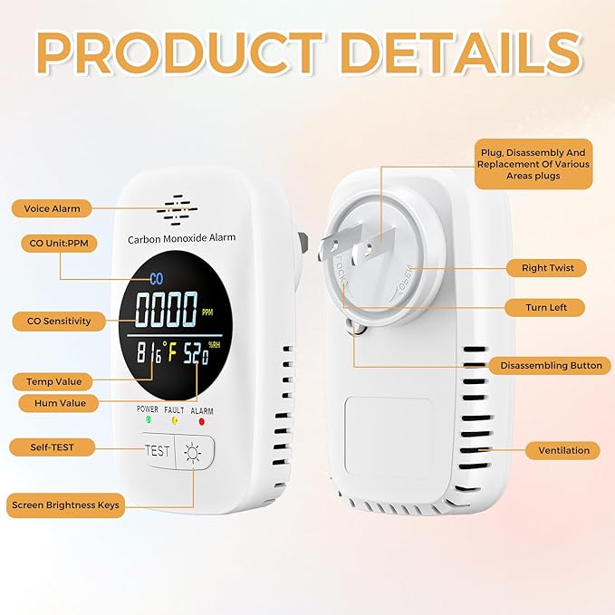 Carbon Monoxide Detector with Loud Voice Alarm, 3-in-1 CO Gas Monitor with Temperature & Humidity Display, Adjustable Brightness Screen, Self-Test Function Safety Device for Home Kitchen RV - Image 3