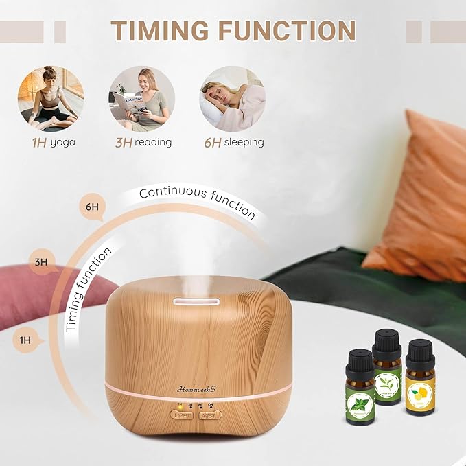Homeweeks 300ml Essential Oil Diffuser, Quiet Aromatherapy Mist Diffusers for Essential Oils, Wood Grain, Ultrasonic, Remote Control, Timer, 7 Colors Light for Bedroom (300ml Yellow Wood Grain) - Image 4