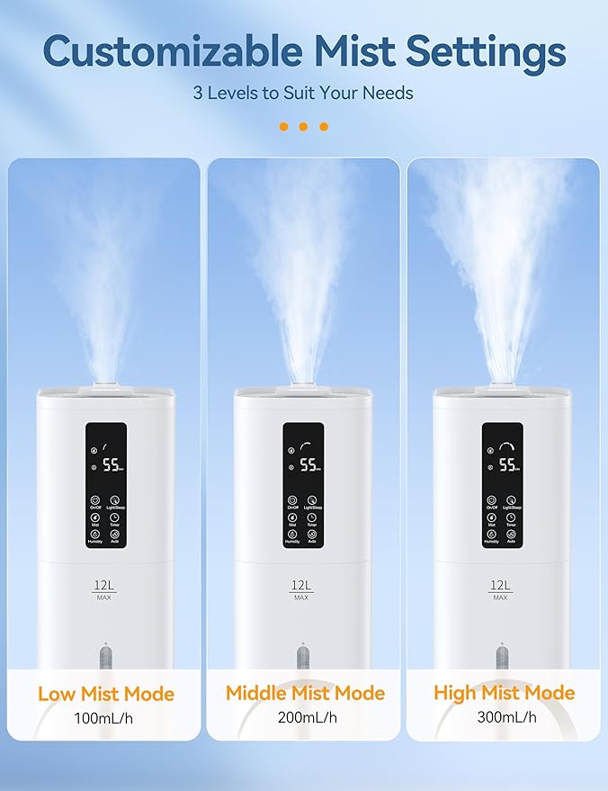 VAGKRI 12L Large Room Humidifier, 120H Long Lasting Cool Mist, 3 Mist Levels, Auto Humidity Adjustment, Top Fill Design with Essential Oil Tray for Bedroom, Home, Plants, Baby - Image 4