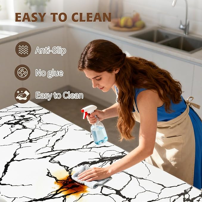 2-Layer Drawer and Shelf Liner for Kitchen Cabinet: 17.3in X 20Ft Non Slip Waterproof Shelf Paper Non Adhesive Refrigerator Liners White/Black Marble Easy Liners for Bathroom with Knife Tape Measure - Image 4
