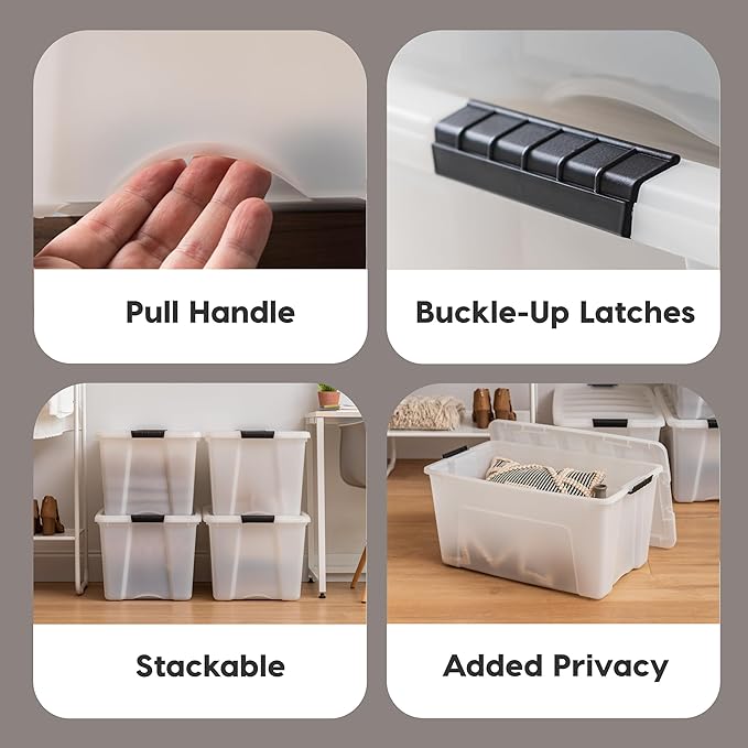 IRIS USA 54 QT Plastic Storage Box with Lid and Latches - 4 Pack - BPA-Free, Discreet Organizing Solution, Durable Nestable Stackable Containers, Secure Pull Handle - Pearl - Image 3