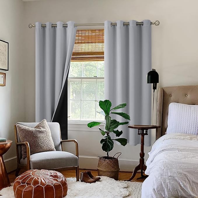 BGment Thermal Insulated 100% Blackout Curtains for Bedroom with Black Liner, Double Layer Full Room Darkening Noise Reducing Grommet Curtain (55 x 69 Inch, Light Grey, 2 Panels) - Image 2