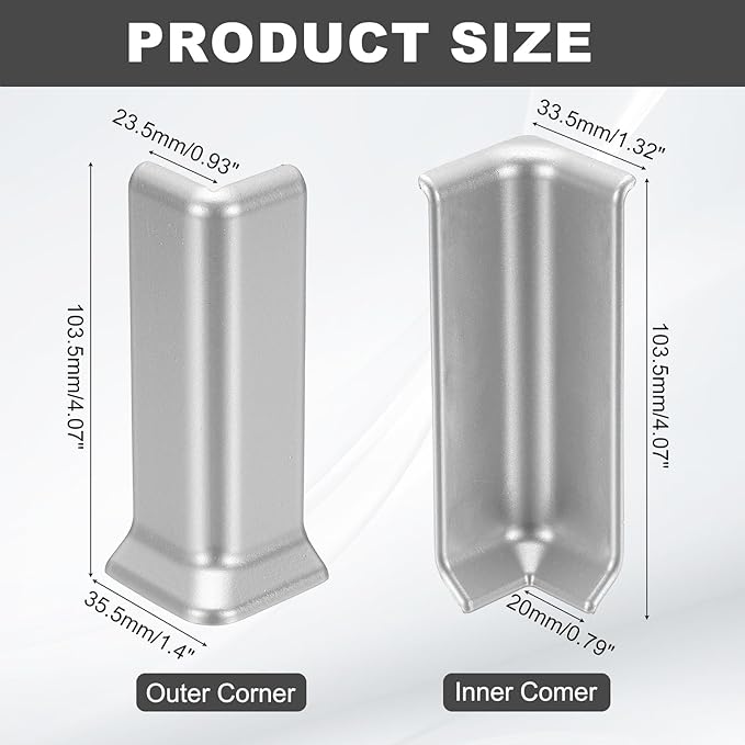 uxcell Self Adhesive Baseboard Corner Blocks, 4.07 Inch Wall Edge Corner Protector 3 Inside + 3 Outside Corners-Connector for Wall Floor Furniture Edge(Silver) - Image 2