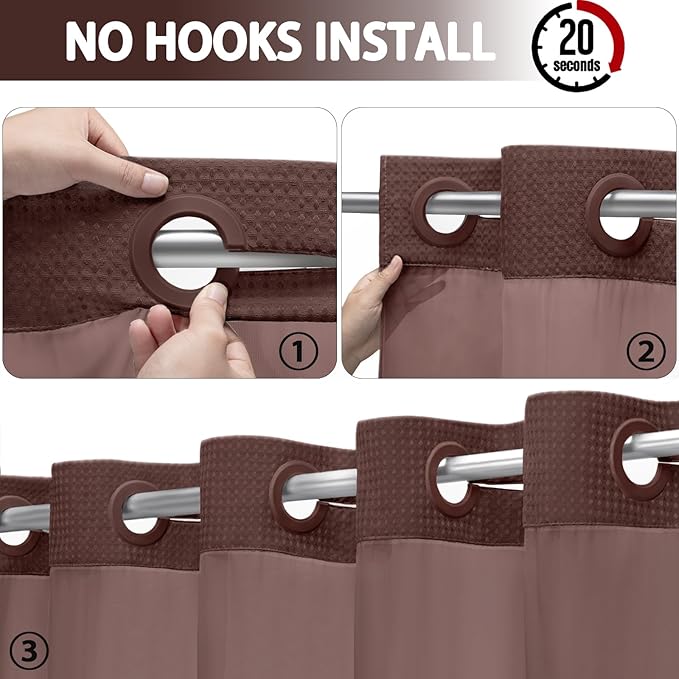 No Hook Shower Curtain and Liner Set,Brown Hotel Waffle Shower Curtain with Liner 75" L x 72" W - Image 2
