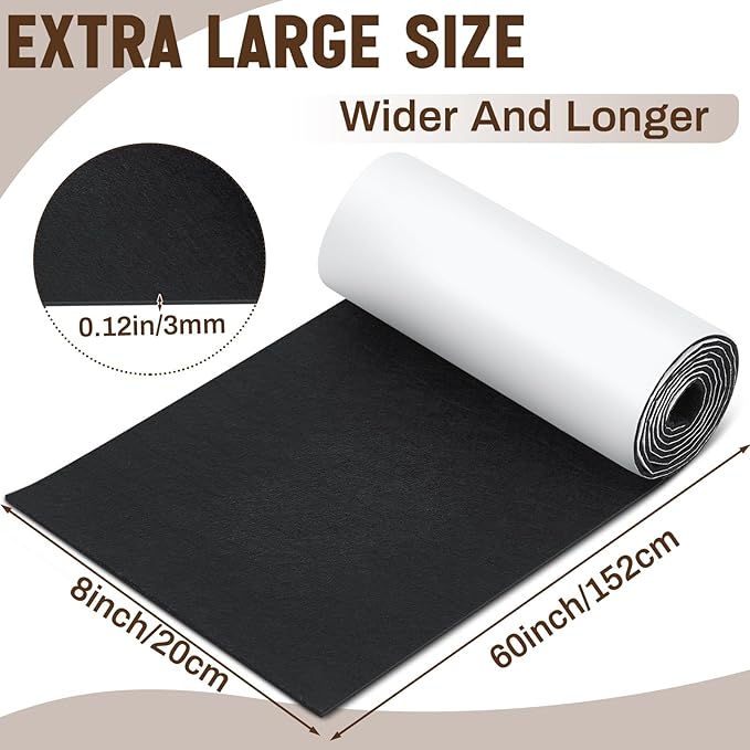 Large Felt Furniture Pads 8 x 60 Inch Non Slip Self Adhesive Heavy Duty Cuttable Strip Roll Felt Sheet Tape for Protecting Hardwood Floors Chair Wall, Black - Image 2