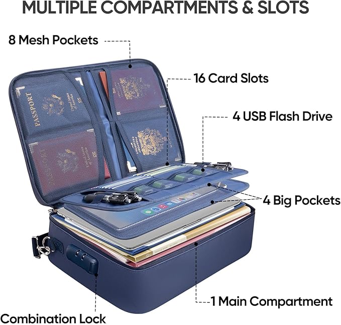 BALEINE Fireproof Document Box with Lock, Portable Fireproof Document Bag Waterproof Fire Proof File Boxes for Documents, File Organizer Box for Important Paperwork (Blue, 15''x11''x4'') - Image 2