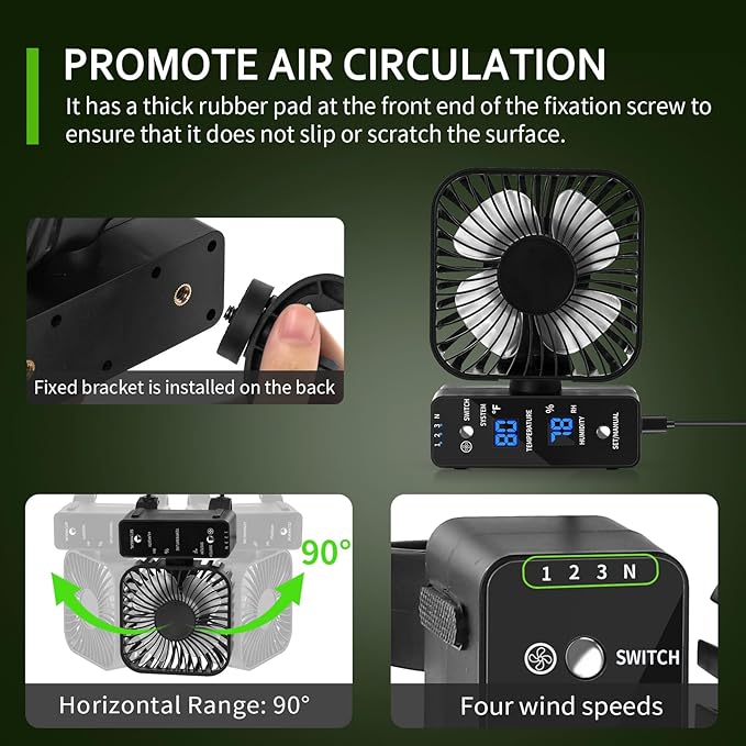 2-Pack 4” Grow Tent Fan With Temperature And Humidity Meter,Automatic Humidity Control,Oscillating Fan For Hydroponic Ventilation Circulation With Clips,Adjustable Speed Quiet Greenhouse - Image 4