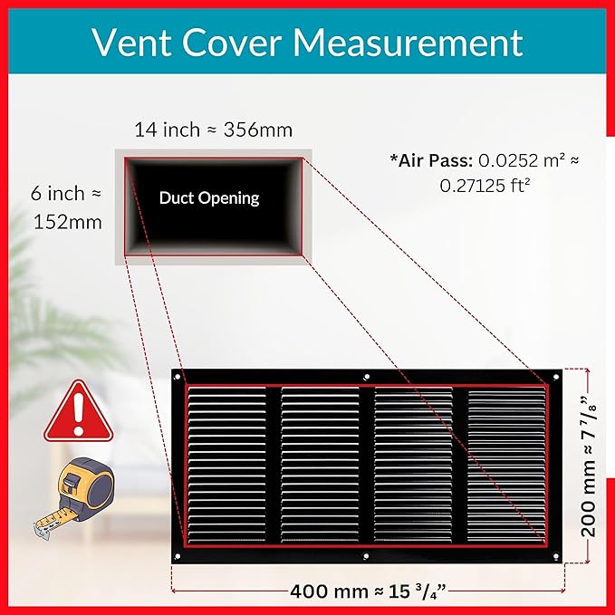 14x6 Vent Cover (Duct Opening) - Black HVAC Return Air Grille for Wall and Ceiling - Metal AC Vent Cover with Mesh - Rectangular Ventilation Register - External Dimensions: 15.75" W x 7.87" H - Image 6