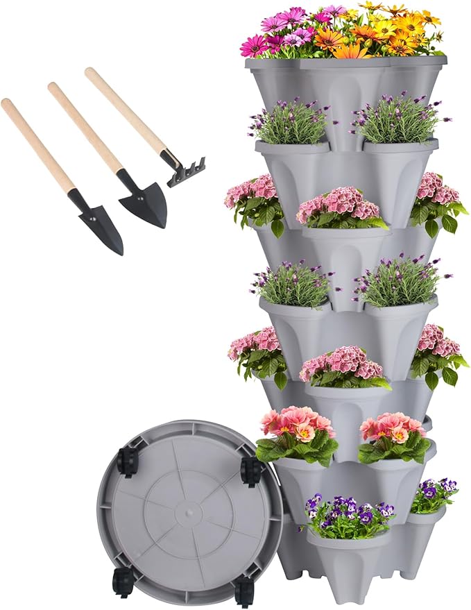 GameXcel Vertical Planter 7 Tier Stackable Planters Garden Planters Strawberry Herb Flower and Vegetable Planter Indoor Outdoor Gardening Pots with Removable Wheels and Tools by GameXcel