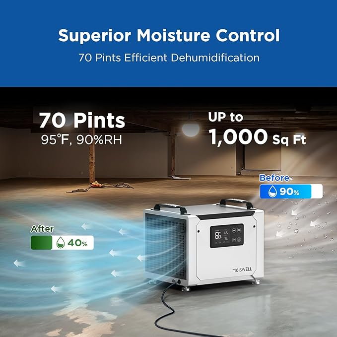70 Pints Commercial Dehumidifier with Drain Hose, Compact Crawl Space Dehumidifiers for Basement and Home, Energy Star Certified, Automatic Defrost - Image 2