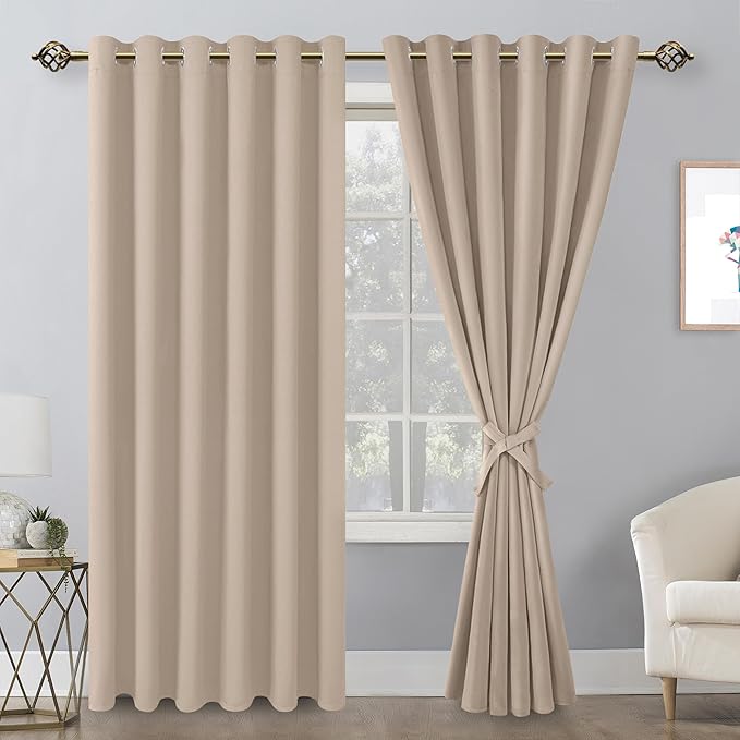 Hiasan Grommet Blackout Curtains for Bedroom, 70 x 84 Inches - Thermal Insulated & Light Blocking Window Drapes for Living Room/Dorm Room, Set of 2 Panels Sewn with Tiebacks, Camel - Image 2