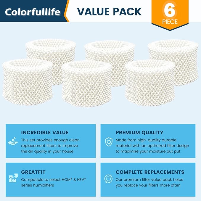 Colorfullife 6 Pack HAC-504 Humidifier Wicking Filters for Honeywell Humidifier HAC-504 HAC-504AW HAC504V1 HCM350 HCM-350W HCM-300T HCM-315T HCM-530 HCM-600 HCM-710 HEV-312, Replacement Filter A - Image 6
