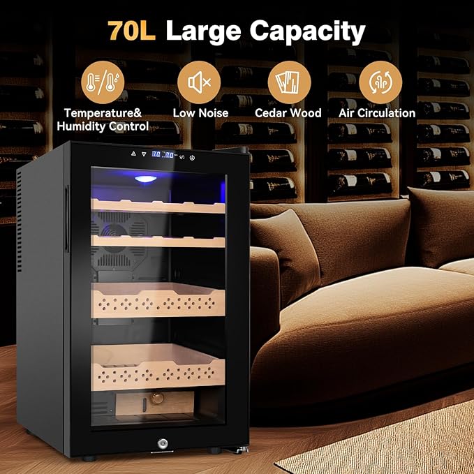 Electric Cooler Cabinet 70L with Temperature and Humidity Control, Spanish Cedar Wood Shelves and Safety Lock (500 Counts Capacity), Gift for Men - Image 8
