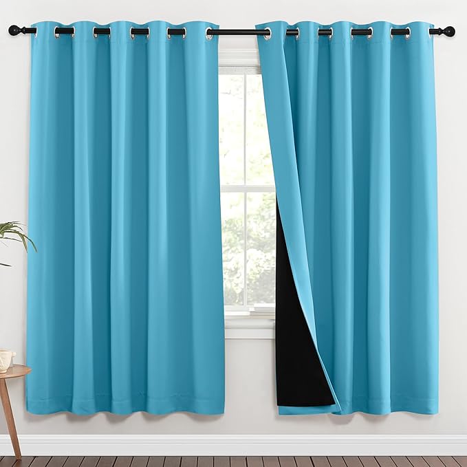 NICETOWN 100% Blackout Window Curtain Panels, Teal Blue, 2 Pieces, 62-inch Wide Per Panel, Full Light Blocking Drapes with Black Liner for Nursery, 72-inch Drop Thermal Insulated Draperies by NICETOWN