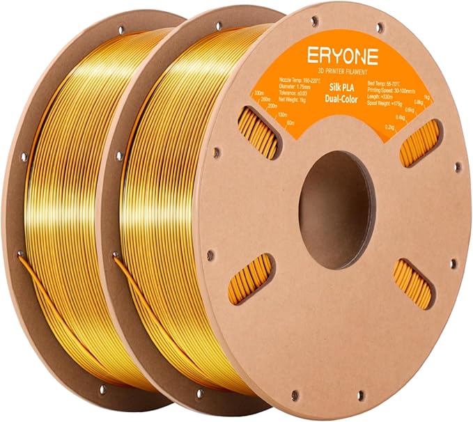 ERYONE Silk Dual Color PLA Filament 3D Printer 1.75mm +/- 0.03mm, Bicolor Filament Two Tone PLA Bundle 2KG Cardboard Spool, Black Gold by ERYONE