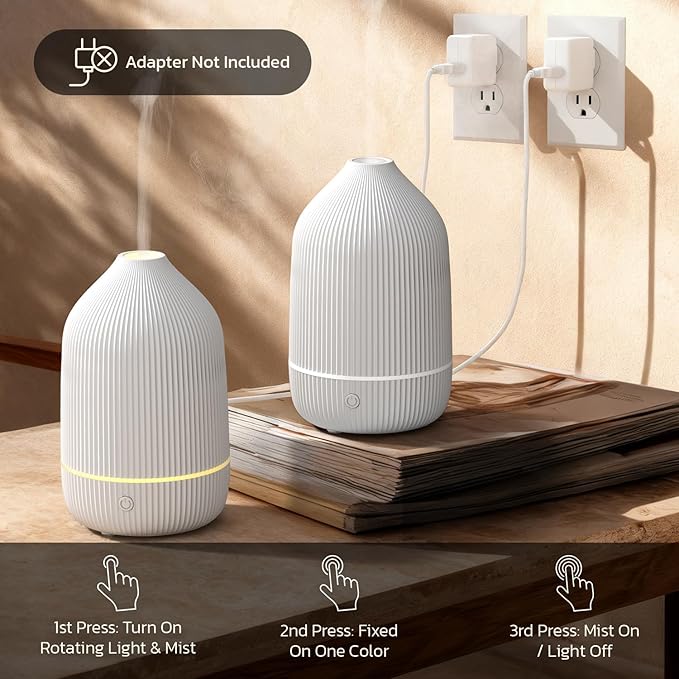Essential Oil Diffuser, 2Pack, 100ml Aromatherapy Diffuser, Mini Ultrasonic Diffuser for Essential Oil, Home, Office, Cool Mist Humidifier with 7 Led Light, Auto Shut-Off, White - Image 6