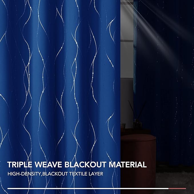 Deconovo Blackout Curtains, 52 x 108 Inch Drape for Sliding Door with Wave Dot Silver Print, Soundproof Thermal Insulated Window Curtain for Bedroom Living Room, Set of 2, Machine Washable, Royal Blue - Image 7