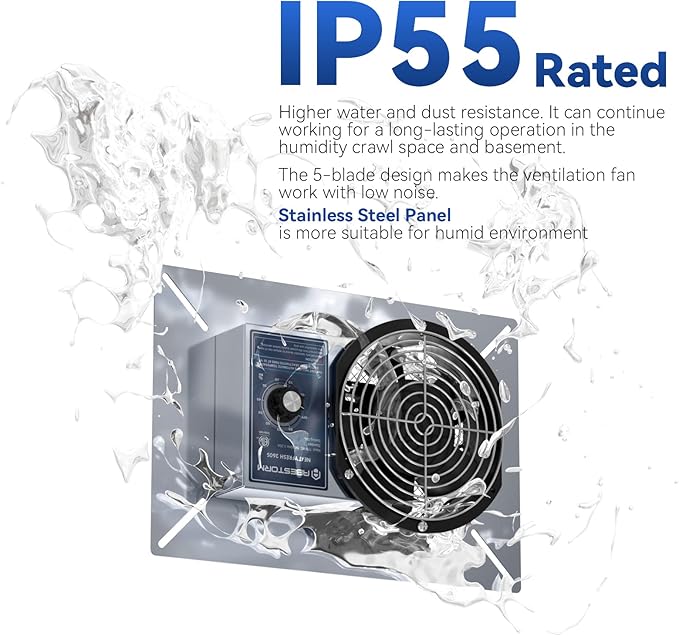 Abestorm 260CFM Crawl Space Ventilation Fan, IP-55 Rated Commercial Stainless Steel Vent Fan with Humidistat & Thermostat, 6.7 Inch Ventilator with Isolation Mesh for Crawlspace, Basement, Garage - Image 2