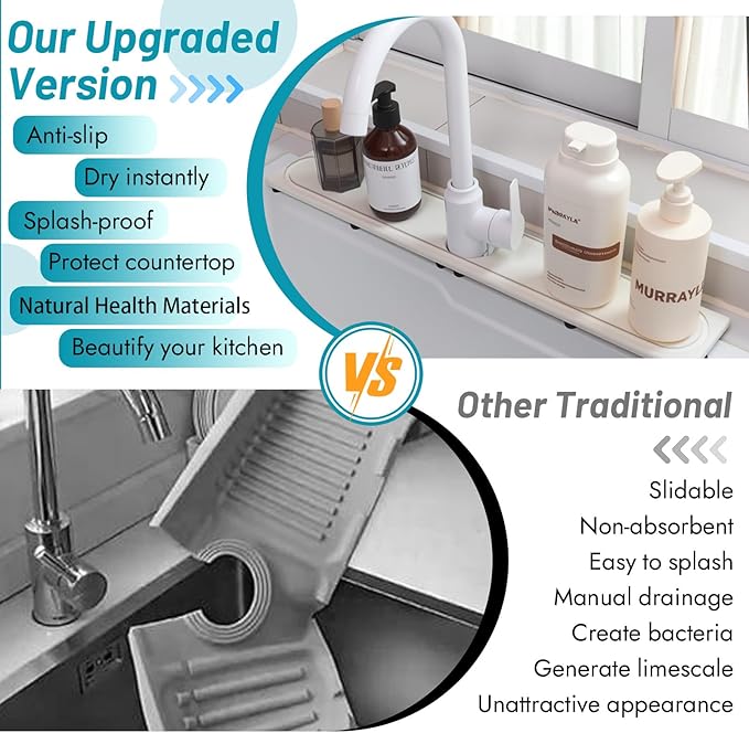 Faucet Mat for Kitchen Sink with Raised Feet, Fast Drying Diatomite Stone Sink Tray, Water Absorbent Faucet & Sink Splash Guard, Prevents Moisture Buildup, Durable Protector for Bathroom Counter - Image 6