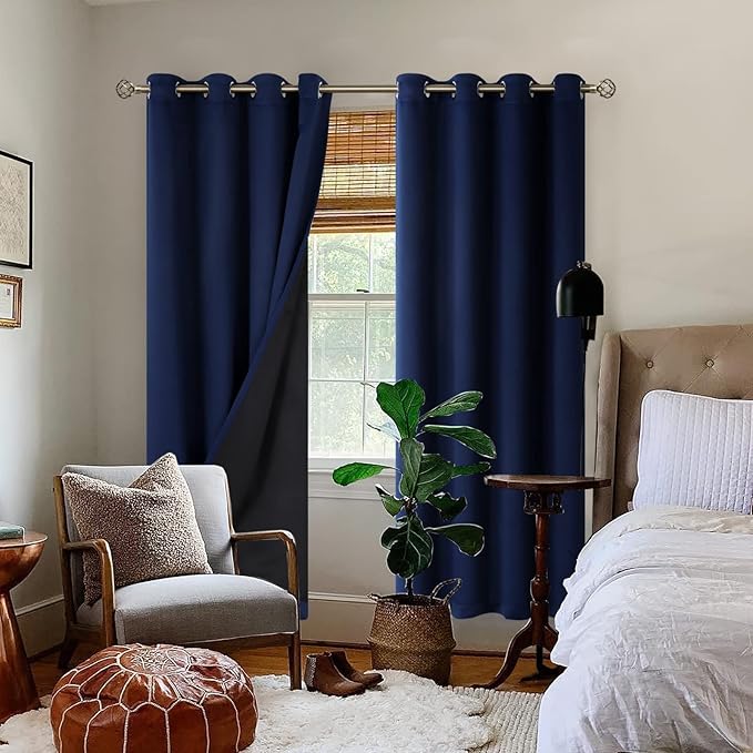 BGment Thermal Insulated 100% Blackout Curtains for Bedroom with Black Liner, Double Layer Full Room Darkening Noise Reducing Grommet Curtain (52 x 72 Inch, Navy Blue, 2 Panels) - Image 2