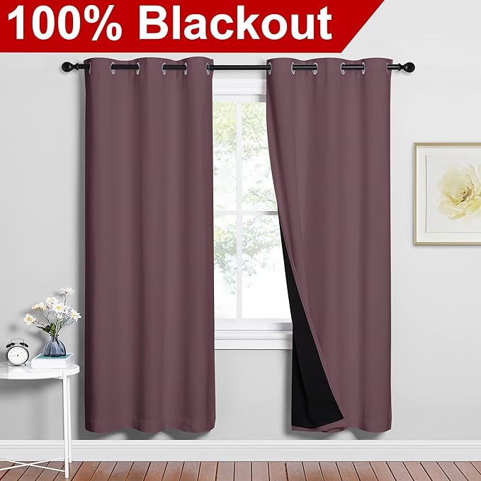 NICETOWN 100% Blackout Window Curtain Panels, Full Light Blocking Drapes with Black Liner for Nursery, 72-inch Drop Thermal Insulated Draperies (Dry Rose, 2 Pieces, 42-inch Wide Per Panel) - Image 2